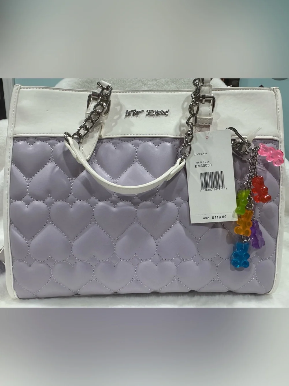 NWT Heart-Quilted Lavender and White Tote Bag by Betsey Johnson